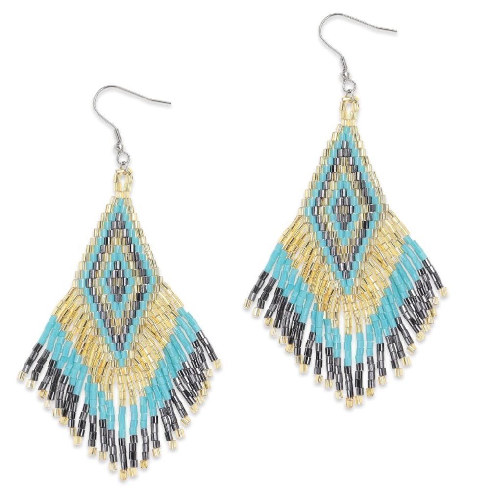 Southwestern Boho Seed Bead Tassel Dangling Statement French Wire Hook Earrings